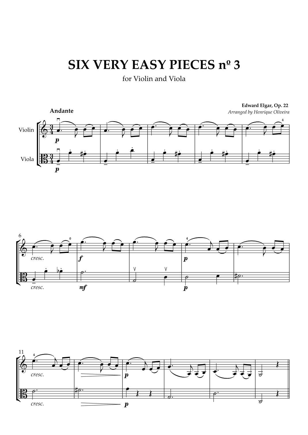 Six Very Easy Pieces nº 3 (Andante) - Violin and Viola (arr. Henrique Oliveira)