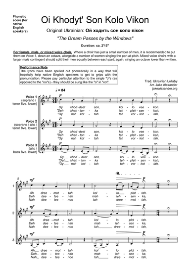 Oi Khodyt' Son Kolo Vikon - a Ukrainian folk song for choir (arr. Jake Alexander)