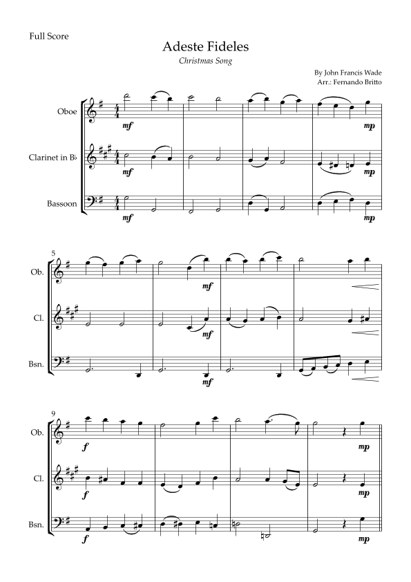 Adeste Fideles (Christmas Song) for Woodwind Trio (arr. Fernando Britto)