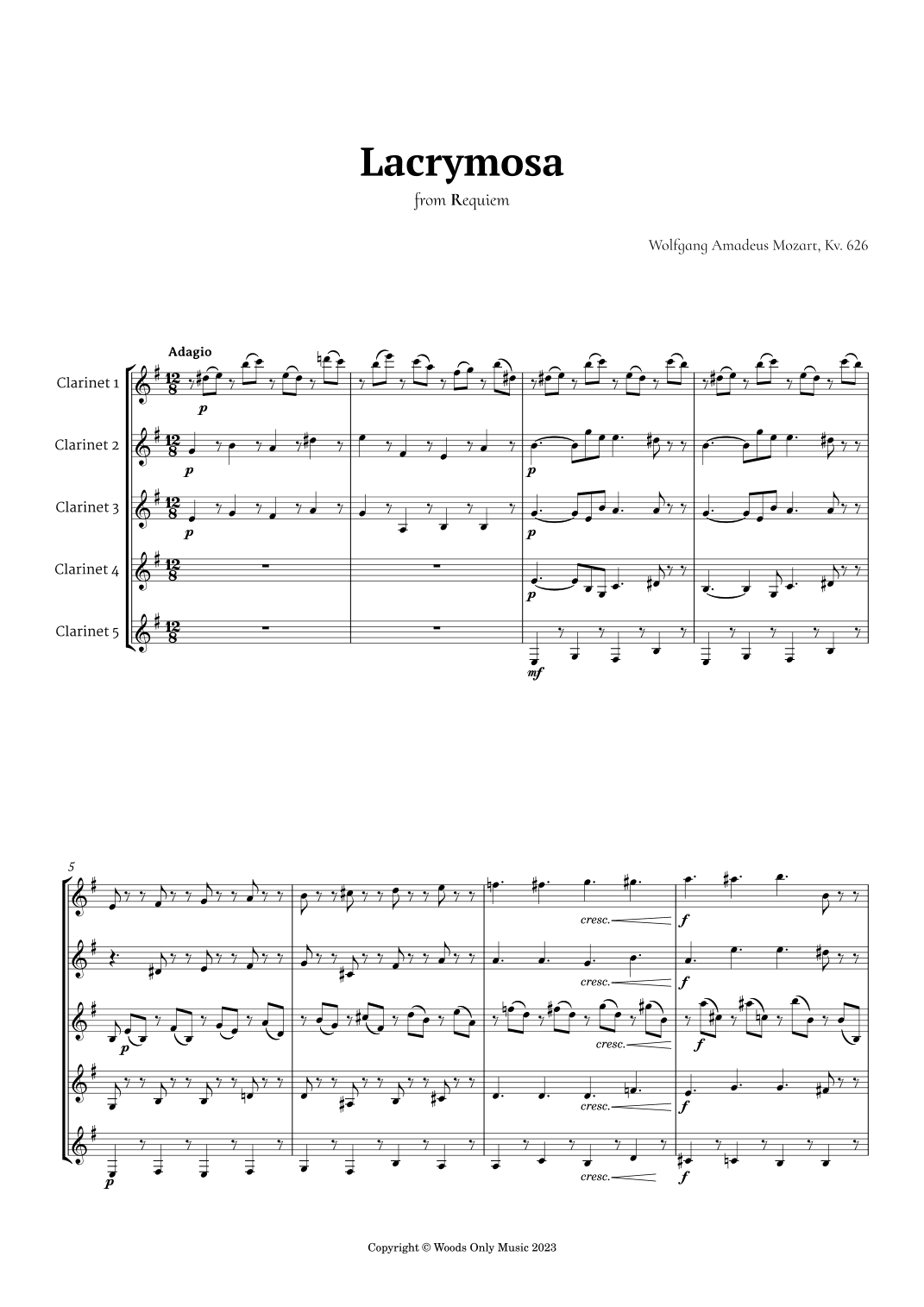 Lacrymosa by Mozart for Clarinet Quintet (arr. Ander)