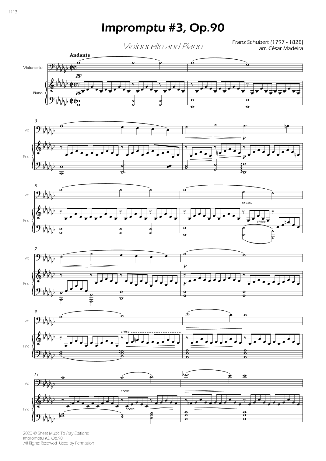 Impromptu No.3, Op.90 - Cello and Piano (Full Score) (arr. César Madeira)