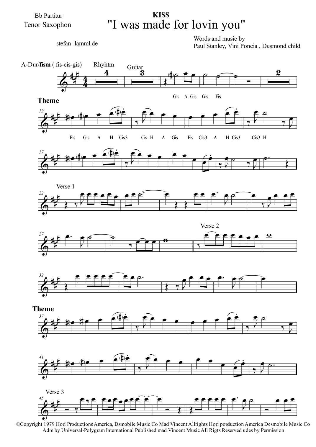 I Was Made For Lovin' You (arr. stefan-lamml.de)