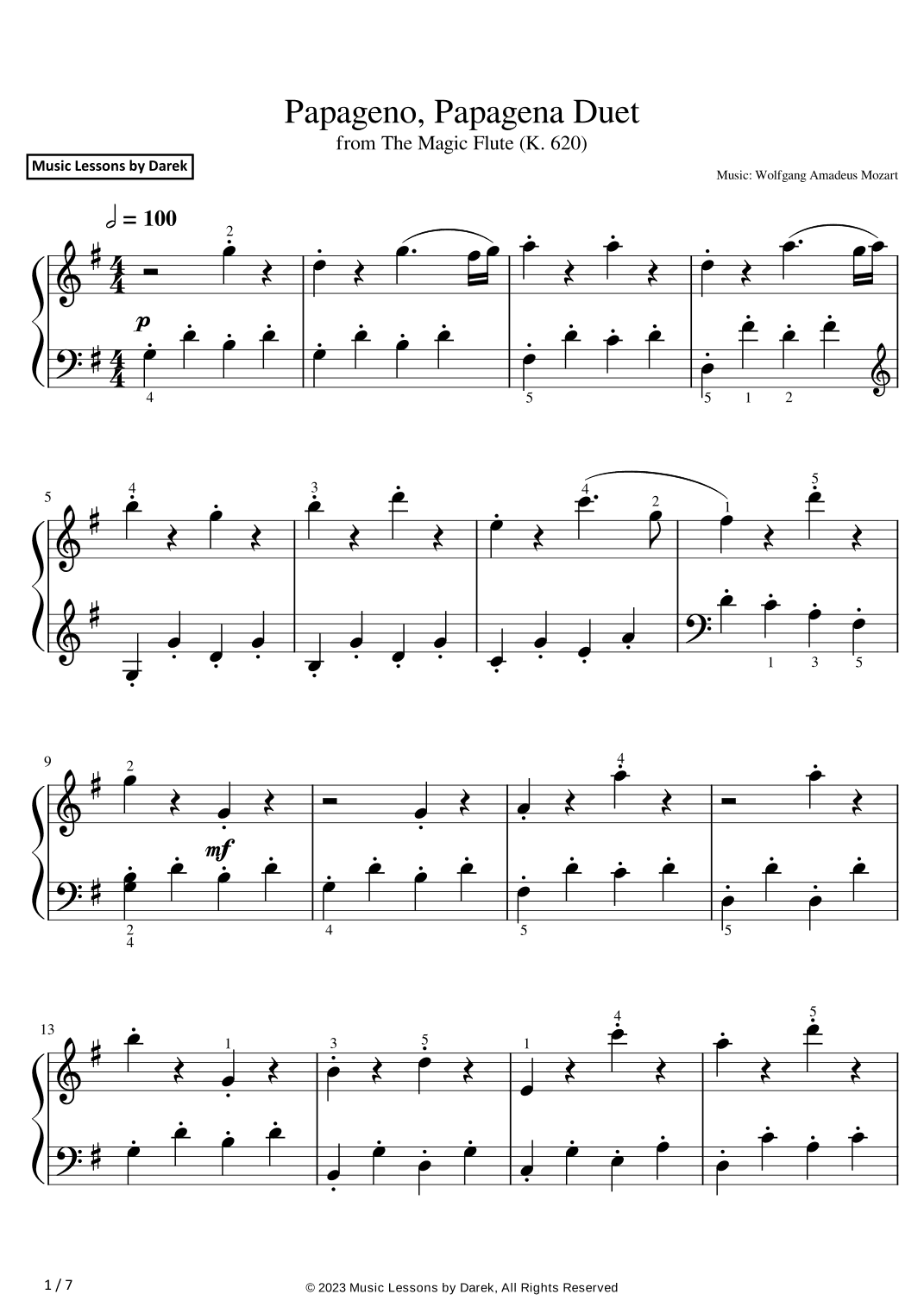 Papageno, Papagena Duet (EASY PIANO) from The Magic Flute (K. 620) [Wolfgang Amadeus Mozart] (arr. Darek)