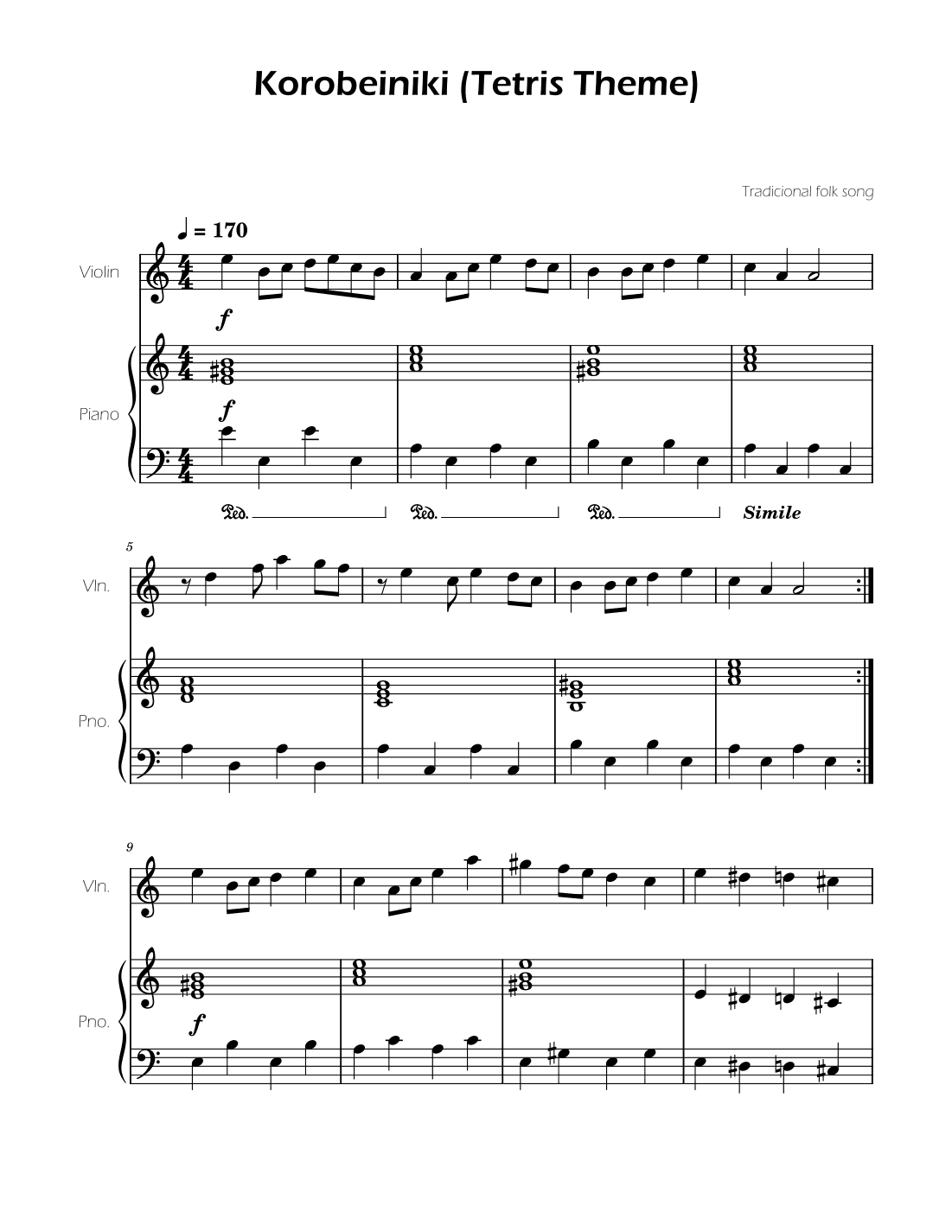 Tetris Theme for Violin and Piano (arr. Ygor Nunes)