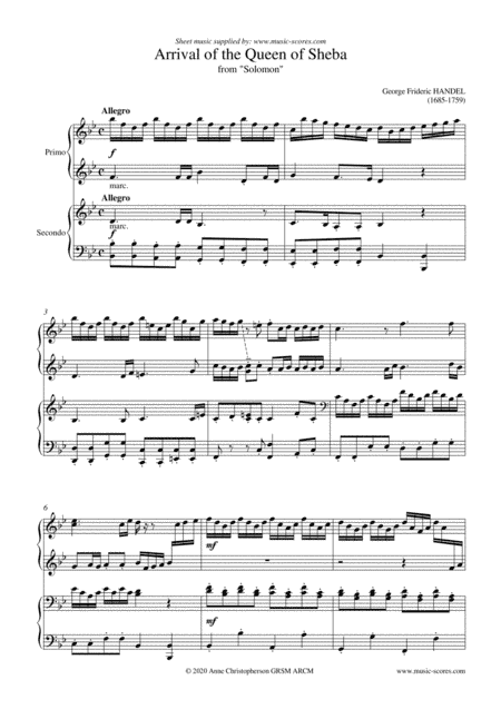Arrival of the Queen of Sheba - Piano Duet (arr. Anne L Christopherson GRSM ARCM)