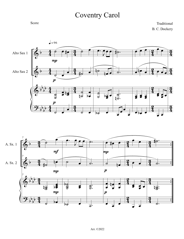 Coventry Carol (Alto Sax Duet with Piano Accompaniment) (arr. B. C. Dockery)