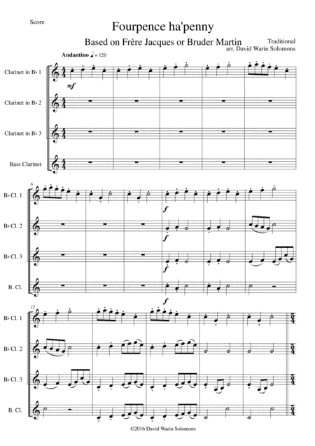Fourpence ha'penny or Variations on Frère Jacques for clarinet quartet (arr. David Warin Solomons)