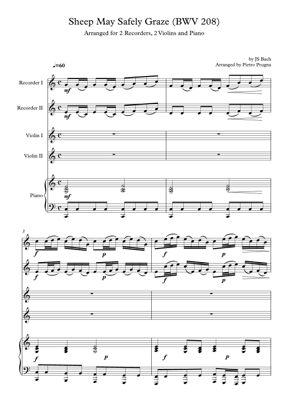 Sheep May Safely Graze (BWV 208) by JS Bach - arranged for 2 Recorders, 2 Violins and Piano (arr. Pietro Prugna)