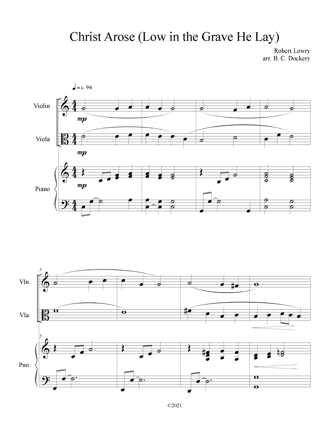 Christ Arose (Low in the Grave He Lay) for Violin and Viola Duet with Piano Accompaniment (arr. B. C. Dockery)