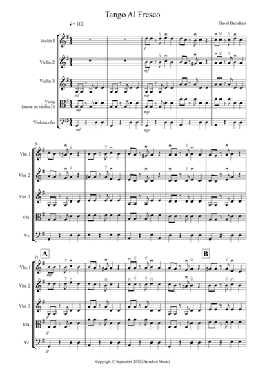Tango Al Fresco For Beginning String Quartet