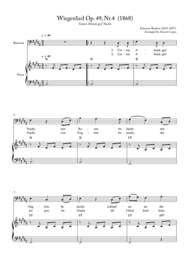 Wiegenlied Op. 49, Nr.4  (1868) - Lullaby - key B (arr. Amauri Lopes)