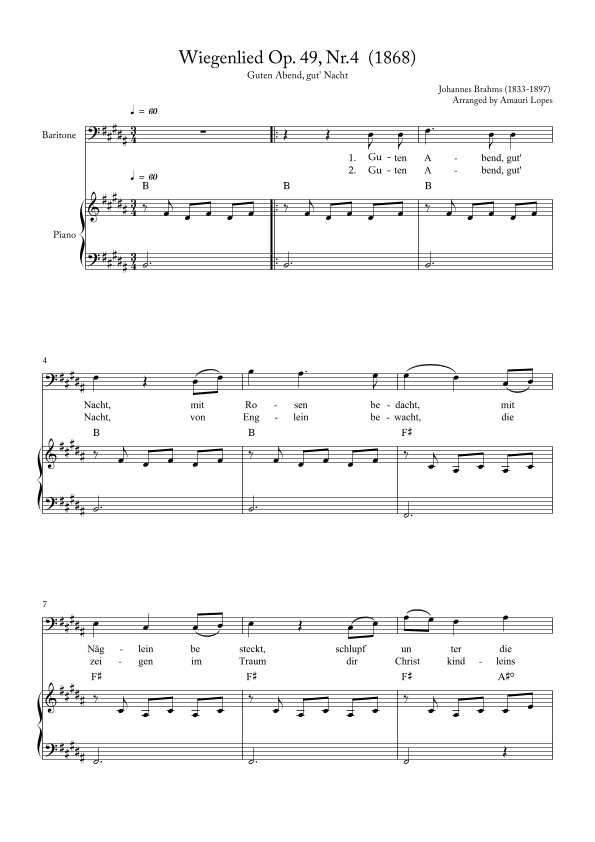 Wiegenlied Op. 49, Nr.4  (1868) - Lullaby - key B (arr. Amauri Lopes)