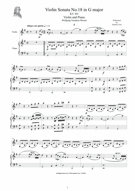 Mozart - Violin Sonata No.18 in G major KV 301 for Violin and Piano - Score and Part (arr. Santino Cara)