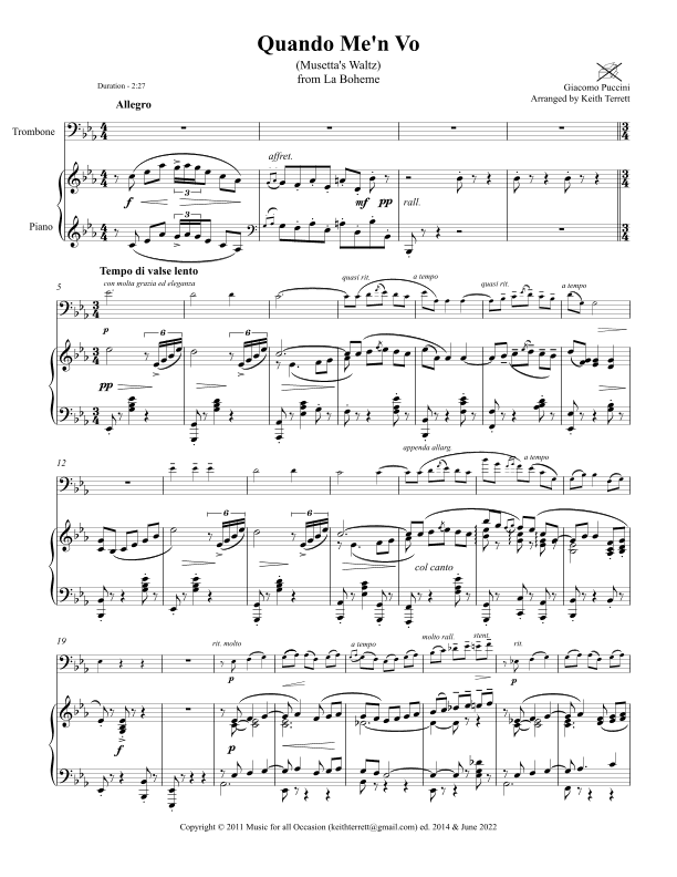 Quando Me'n Vo for  C Low Brass & Piano (arr. Keith Terrett)