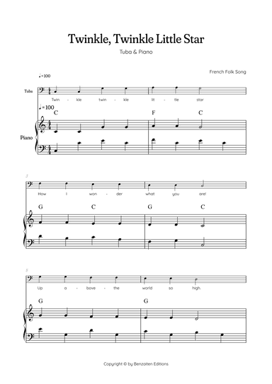 Twinkle, Twinkle Little Star • Easy tuba sheet music with easy piano accompaniment w/ chords (arr. Benzaiten Editions)