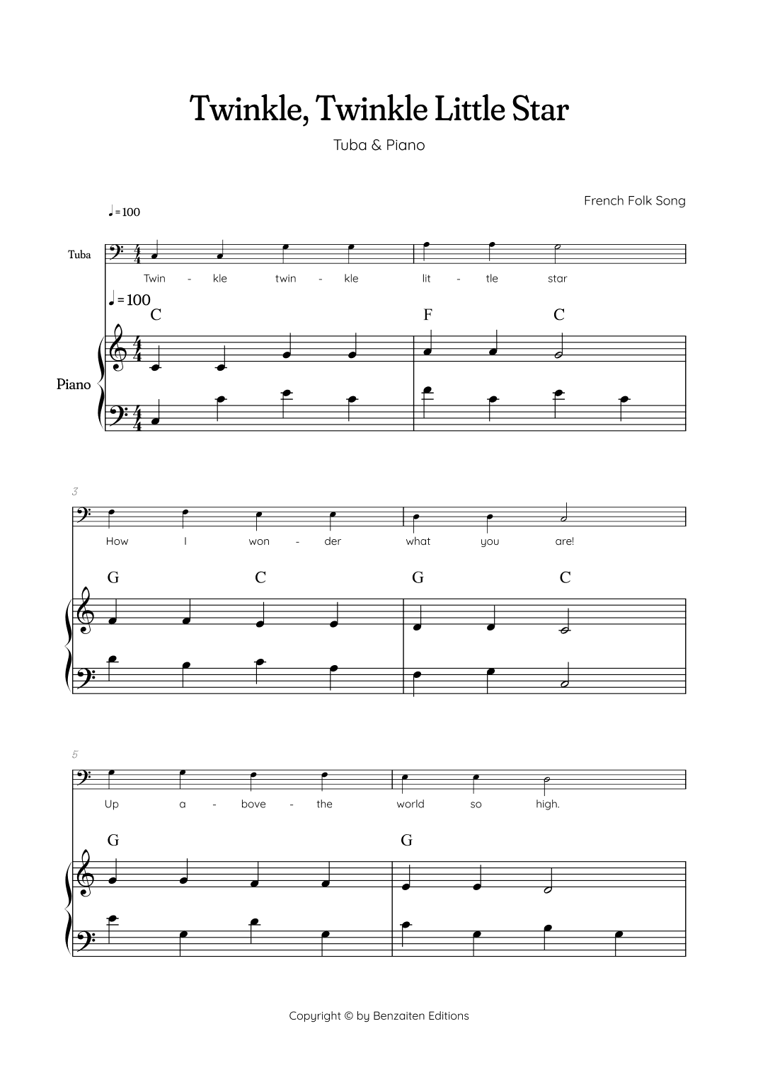 Twinkle, Twinkle Little Star • Easy tuba sheet music with easy piano accompaniment w/ chords (arr. Benzaiten Editions)