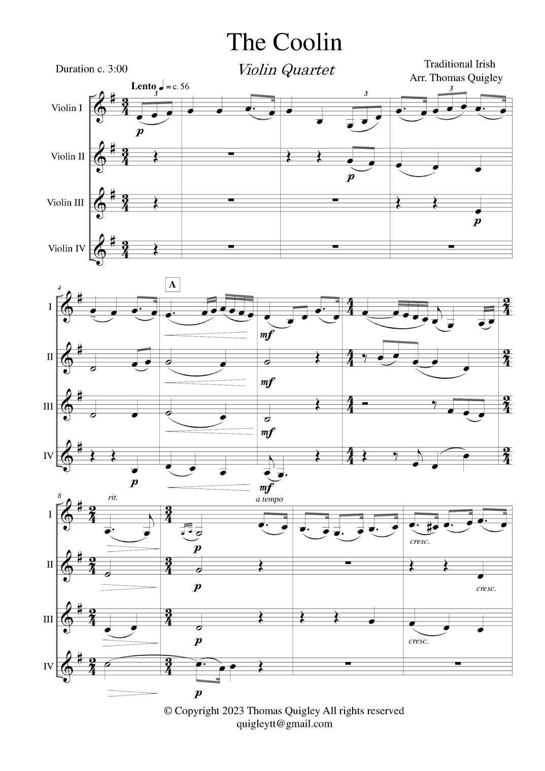 The Coolin (Violin Quartet) (arr. Thomas Quigley)