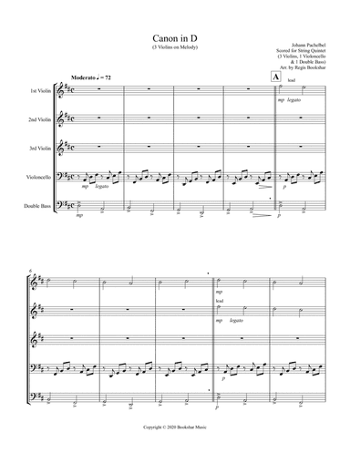 Canon in D (Pachelbel) (D) (String Quintet - 3 Violin, 1 Cello, 1 Bass) (arr. Regis Bookshar)