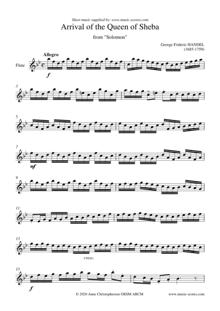 Handel: Arrival of the Queen of Sheba - Flute Solo (Shorter) - Bb major (arr. Anne L Christopherson GRSM ARCM)