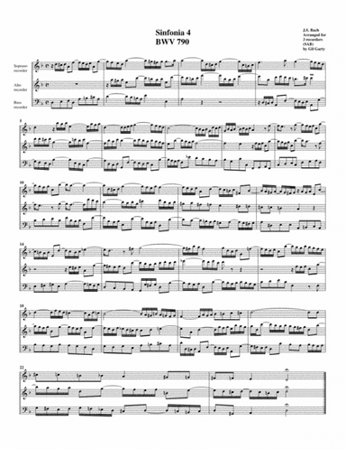Sinfonia (Three part invention) no.4, BWV 790 (arrangement for 3 recorders) (arr. Gil Garty)