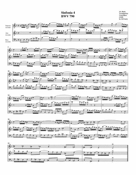 Sinfonia (Three part invention) no.4, BWV 790 (arrangement for 3 recorders) (arr. Gil Garty)