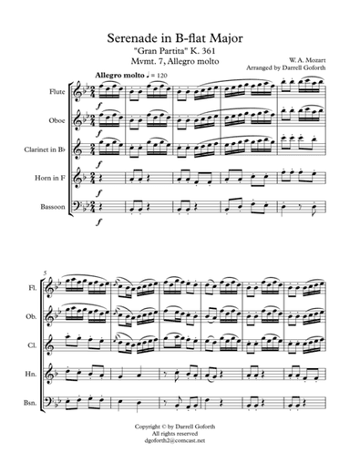 Mozart: Serenade in Bb Major, K. 361 (Gran Partita) for Wind Quintet Mvmt. 7 (Allegro molto) (arr. Darrell Goforth)