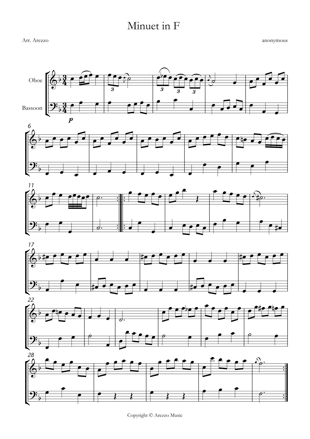 bwv anh 113 minuet in F sheet music Oboe and Bassoon (arr. Arezzo Music)