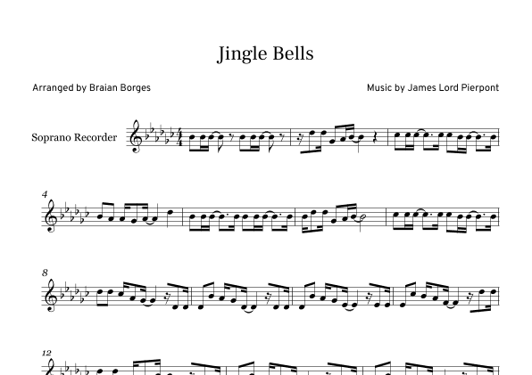Jingle Bells in Gb major, For Soprano Recorder (arr. Braian Borges)