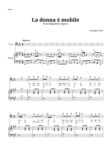 La donna è mobile in A major for Tenor and Piano (arr. Langanho)