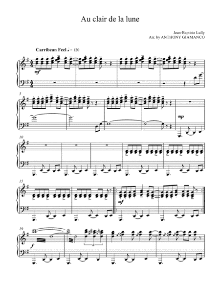 AU CLAIR DE LA LUNE (By the Light of the Moon) -intermediate piano (arr. Anthony Giamanco)