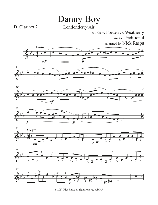 Danny Boy for Clarinet Quintet - B flat Clarinet 2 part (arr. Nick Raspa)
