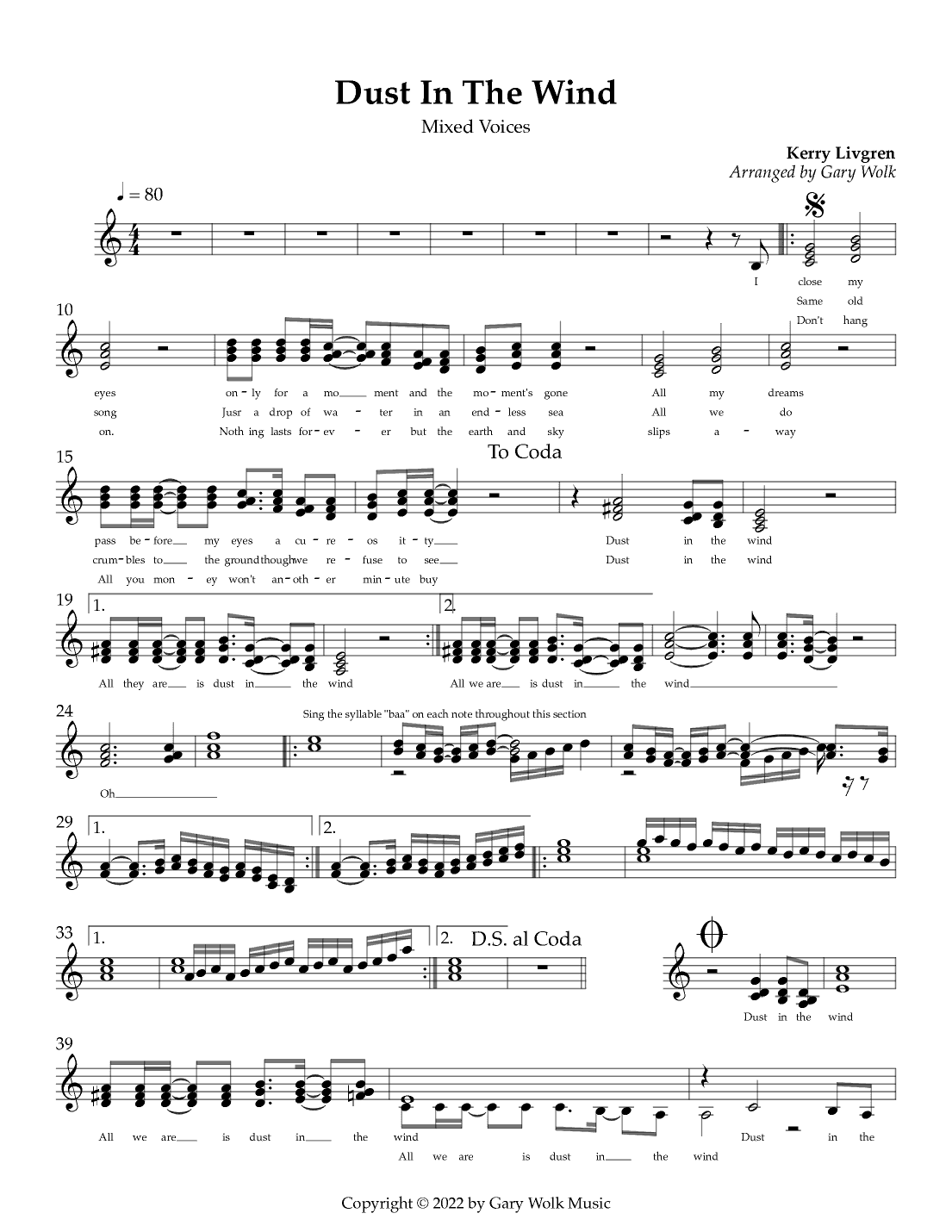 Dust In The Wind (arr. Gary Wolk)