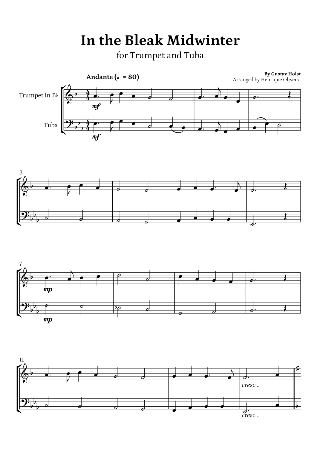 In the Bleak Midwinter (Trumpet and Tuba) - Beginner Level (arr. Henrique Oliveira)