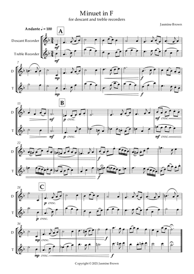 Minuet in F - Descant and Treble Recorder Duet