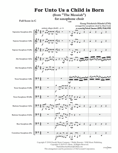 For Unto Us a Child is Born (from "Messiah") (for saxophone choir) (full score & set of parts) (arr. Patrick Sheehan)