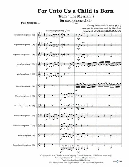 For Unto Us a Child is Born (from "Messiah") (for saxophone choir) (full score & set of parts) (arr. Patrick Sheehan)