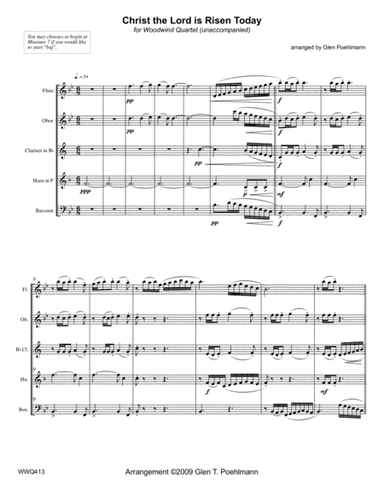 CHRIST THE LORD IS RISEN TODAY - unaccompanied WOODWIND QUINTET (arr. Glen Poehlmann)