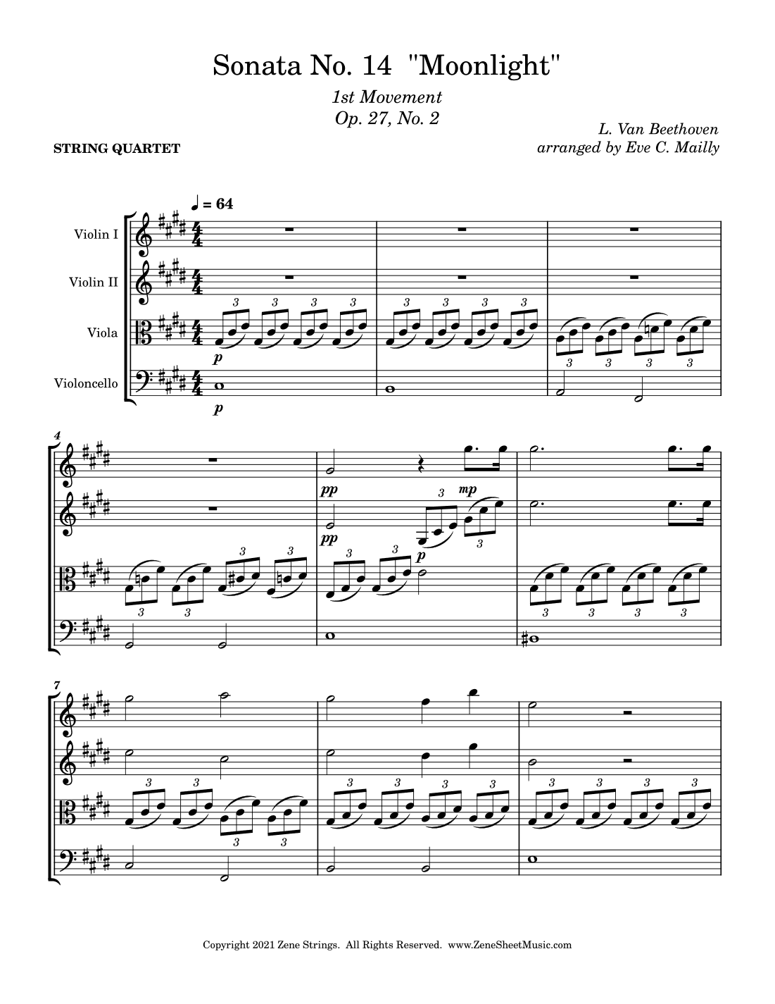Moonlight Sonata 1st mvmt (Sonata No. 14 opus 27 no. 2) - Beethoven - String Quartet (arr. Eve C. Mailly - Zene Strings)