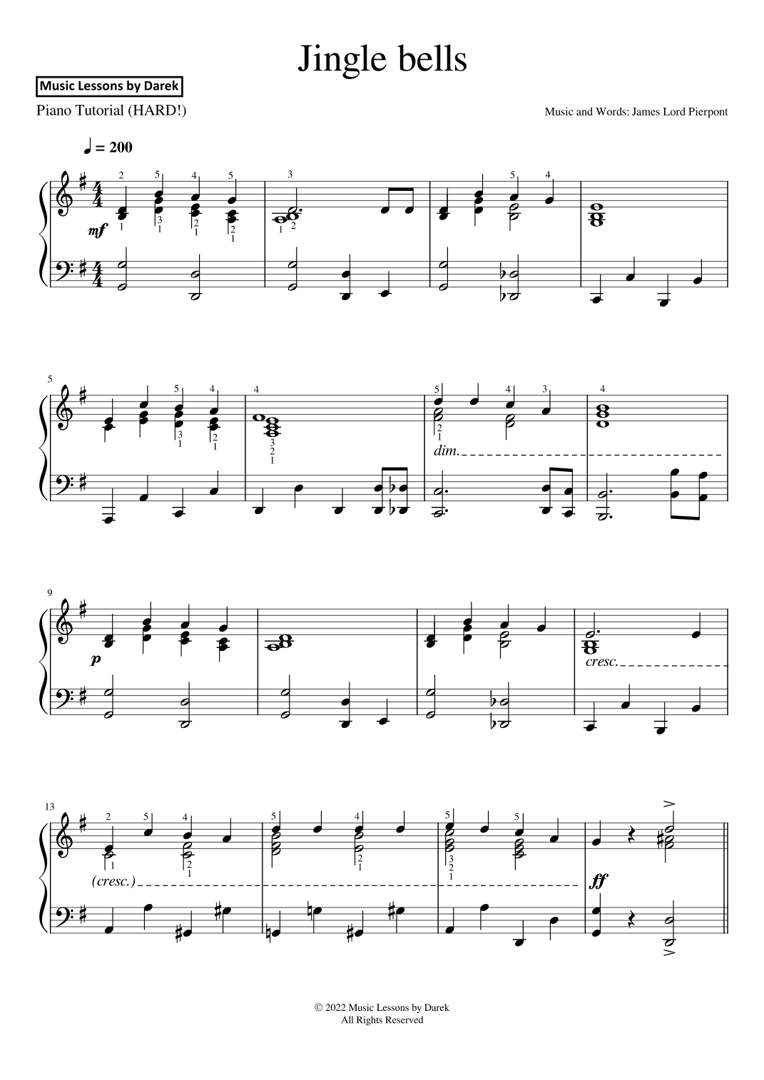 Jingle Bells - Christmas Carol [HARD PIANO] (arr. Darek)