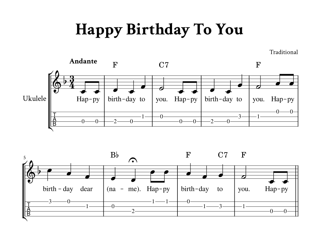 Happy Birthday To You - For Ukulele (F Major - with TAB, Chords and Lyrics) (arr. Yuri Noronha)
