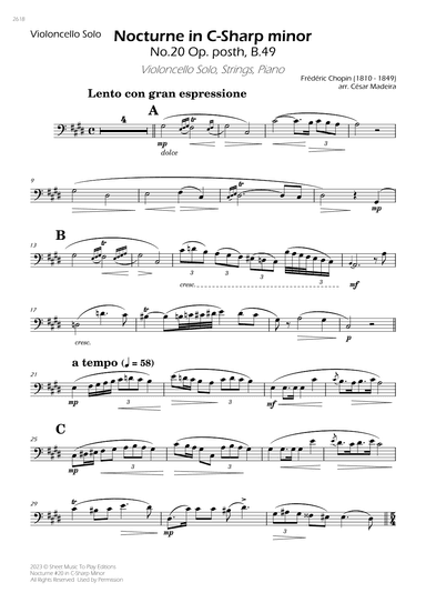 Nocturne No.20 in C Sharp minor - Cello Solo, Strings and Piano (Individual Parts) (arr. César Madeira)