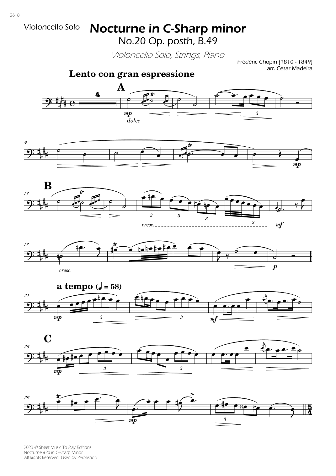 Nocturne No.20 in C Sharp minor - Cello Solo, Strings and Piano (Individual Parts) (arr. César Madeira)