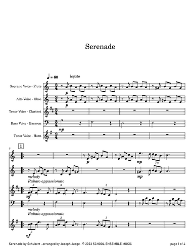 Serenade by Schubert for Woodwind Quartet in Schools (arr. Joseph Judge)