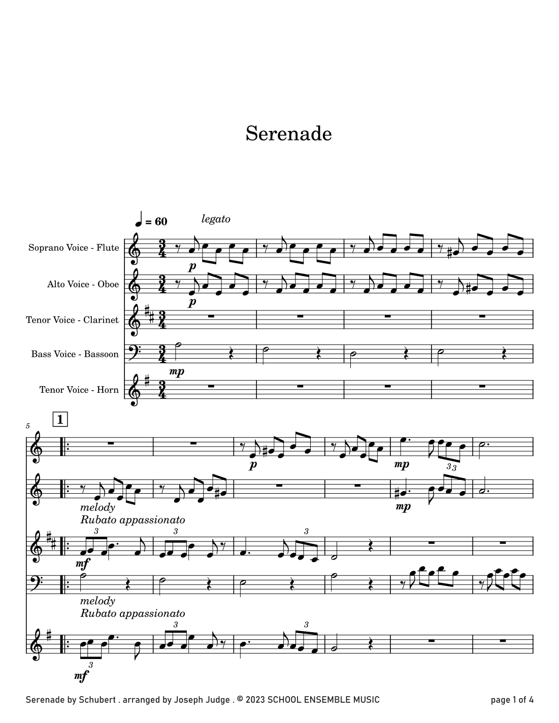 Serenade by Schubert for Woodwind Quartet in Schools (arr. Joseph Judge)