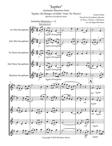 Jupiter (Andante Maestoso from "Jupiter, the Bringer of Jollity" from The Planets) (Bb) (Saxophone Q (arr. Regis Bookshar)