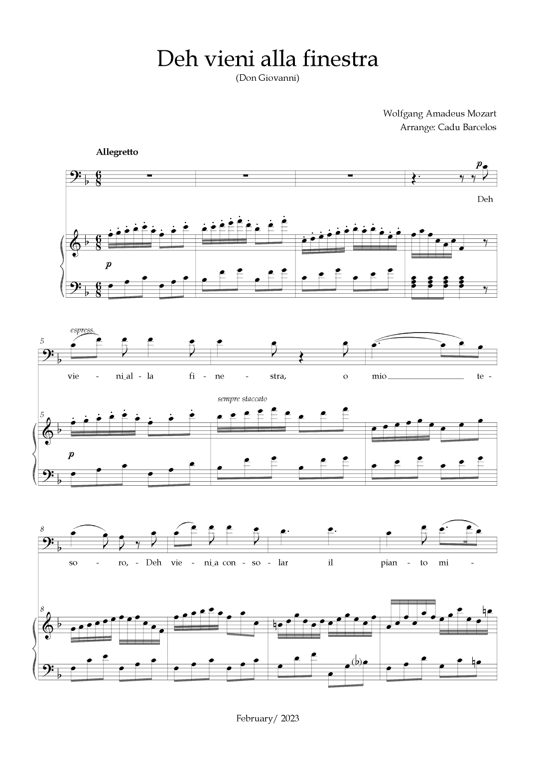 Deh vieni alla finestra (Don Giovanni) Mozart - F Major (BARITONE) (arr. Cadu Barcelos)