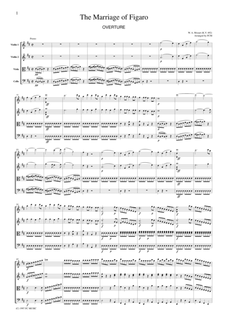 Mozart  Overture to The Marriage of Figaro, for string quartet, CM003 (arr. FCMUSIC)