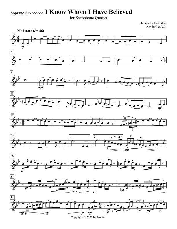 I Know Whom I Have Believed for Saxophone Quartet (arr. Ian Wei)