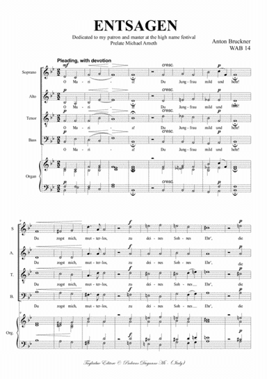 ENTSAGEN - WAB 14 - Bruckner - For Soprano (or tenor), SATB Choir and Organ (arr. Renato Tagliabue)
