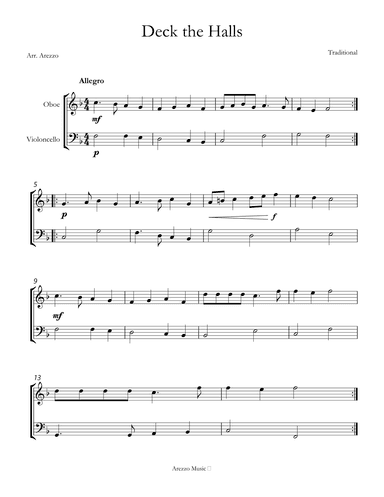 deck the halls sheet music arrangement for Oboe and Cello (arr. Arezzo Music)